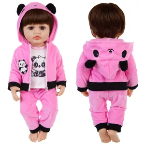 Pink panda fleece doll outfit set detail view, featuring cute hooded jacket and matching pants.
