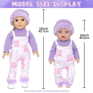 Winter plush doll clothes set for 18 inch and 16 inch American dolls, cozy sweater and overalls.