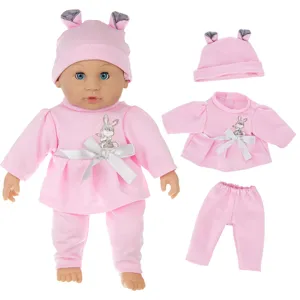 12-Inch Reborn Babypuppe weicher Silikonkörper mit süßem rosa Hasenoutfit und Ersatzkleidung.