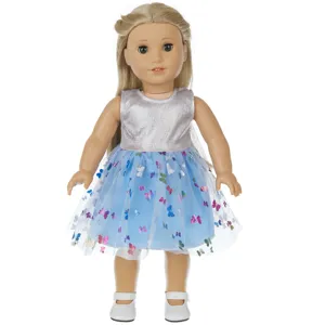 18 inch doll clothes set, cute blue butterfly mesh dress and silver top for 45cm dolls.