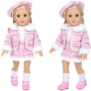 18 inch doll winter tweed outfit set with plush trim, matching beret, shoes and socks for girl dolls.