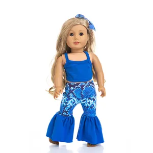 Close-up detail of 18-inch doll outfit set with blue crop top and flare trousers.