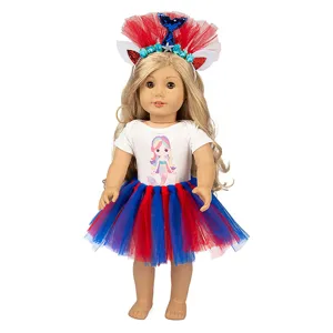 Details of the 18 inch doll red and blue tutu skirt and headband set, exquisite workmanship.