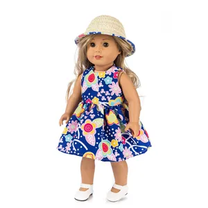 18 inch American girl doll clothes set summer floral dress with straw hat and white shoes