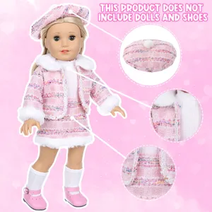 Detail view of 18-inch doll winter pink tweed outfit set, showing fabric texture and hat.