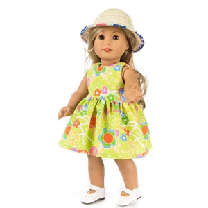 18 Inch Doll Clothes Green Floral Dress and Straw Hat Set for American Girl Doll Toys
