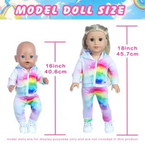 Rainbow tie-dye doll sportswear hoodie and pants set, perfectly fits 16 and 18 inch dolls.