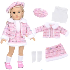 Pink tweed doll winter outfit set with plush faux fur trim, coat, skirt, beret for 18-inch dolls.