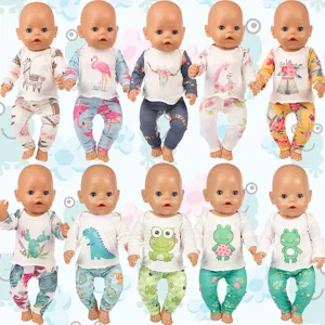 Close-up details of 45cm baby doll clothes set, cute animal and plant printed tops pants.