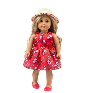 18 inch doll clothes summer red cherry dress straw hat set detail view product display