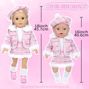 Pink tweed doll clothes outfit with soft plush trim for 18-inch and 16-inch fashion dolls.