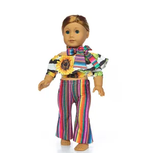 Detailed view of 18 inch doll clothes set featuring off shoulder sunflower top and pants.