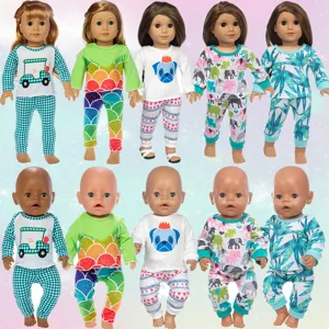 Detailed view of cute 45cm doll pajama sets with various prints, soft fabric and comfortable fit.