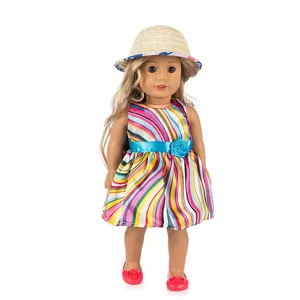18 inch American girl doll clothes summer colorful striped dress straw hat set wholesale