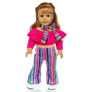 Trendy 18 Inch Doll Clothes Set Off Shoulder Crop Top And Striped Bell Bottom Pants