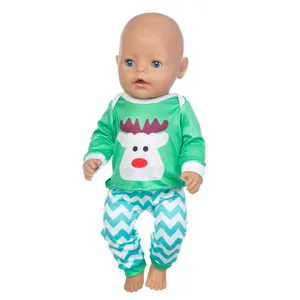 18 inch doll clothes set, green reindeer sweater and chevron pants for 45cm toy doll detail.