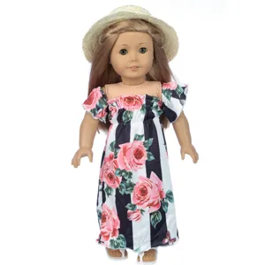 18 inch doll clothes set with black white striped floral dress and straw hat for girl toys.