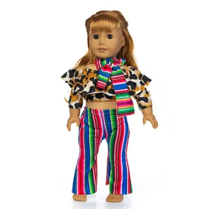 Details of 18 inch American girl doll clothes set with off shoulder top and flare pants.