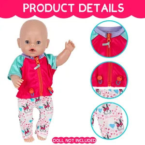 Completo vestiti bambola 43cm con giacca rossa e pantaloni con stampa coniglio carina.