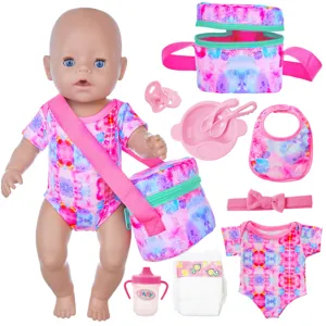 Set vestiti bambola bebè con simpatici body, borse abbinate, biberon, ciuccio e stoviglie.
