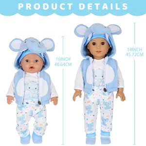 Pluche cartoon olifant poppenkleding set winter warme outfit voor 16 en 18 inch poppen
