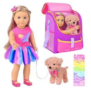 Set bambola 18 pollici bionda con vestito, zaino, cagnolino di peluche e adesivi a farfalla.