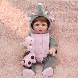 Cute 18-22 inch reborn doll clothes set with elephant costume and pink giraffe plush toy.