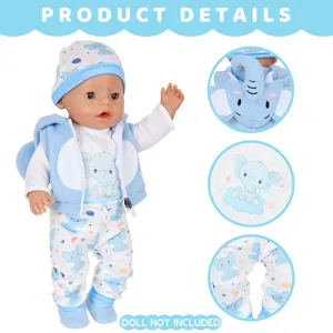 Detailweergave van schattige pluche cartoonkleding set voor poppen met olifantenpatroon.