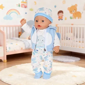 Gedetailleerd overzicht van winter pluche poppenkleding set met olifant patroon voor 18 inch pop.