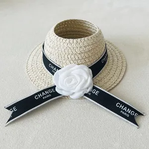 Doll straw hat miniature woven sun hat with white camellia flower black ribbon doll clothes accessory