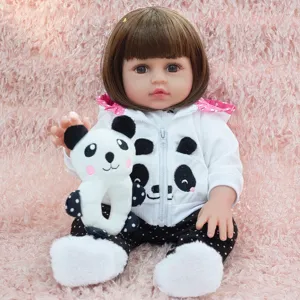 Detailed view of 18-22 inch reborn doll cute panda hoodie outfit set with polka dot pants.