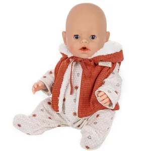 43cm doll winter outfit set, cute corduroy vest and printed onesie accessories detail.