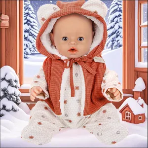 Winter warm doll clothes set with hooded vest and printed jumpsuit for 43cm baby dolls.