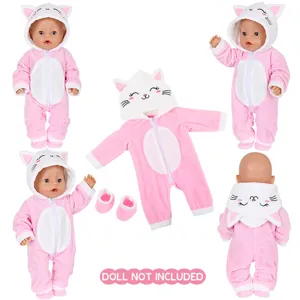 Winter pluche kat poppenkleding set voor 18 inch pop roze met schoenen en capuchon.