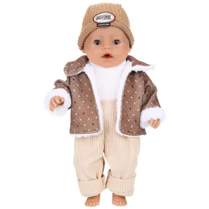 Close-up details of 43cm doll winter outfit set, including brown fleece jacket and cute hat.
