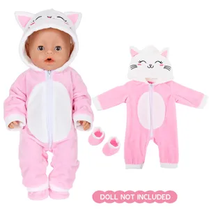 Pluche katten pop kleding set met capuchon en schoenen voor baby pop winter outfit.