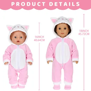Leuke pluche kat met capuchon poppenkleding set, roze witte jumpsuit voor 16 en 18 inch poppen.