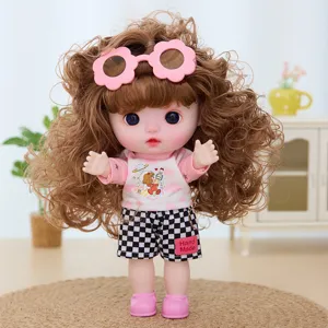 Cute 9-inch vinyl doll with curly hair, stylish outfit and sunglasses for kids toy gift.