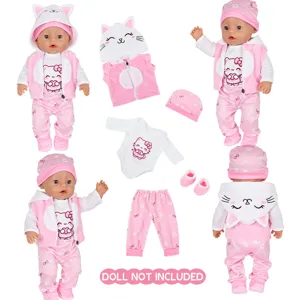 Winter pluche roze katten poppenkleding set voor poppen van 18 inch met hoodie en broek.