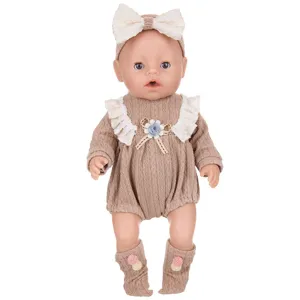 Details of 43cm baby doll brown knitted romper outfit with cute headband and socks.