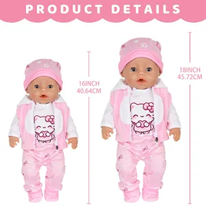 Gedetailleerd overzicht van de winterse pluche cartoon poppenkleding set voor poppen van 18 inch.
