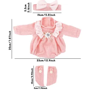 Dimension chart details for pink knit doll romper, headband and socks set for 18-inch dolls.