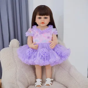 Close-up detail of reborn doll purple floral dress and white sandals, exquisite craftsmanship.