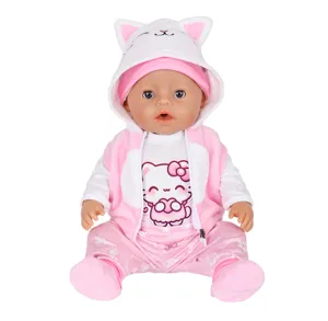 Winter pluche cartoon poppenkleding set met kattenoor hoodie broek voor 18 inch poppen.