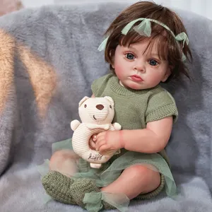 Cute reborn baby doll clothes 18-22 inch knit green outfit with headband and toy for babies.