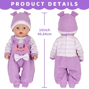 Winter pluche cartoon pop kleding set 16 inch poppenoutfit met muts en schortjesbroek.