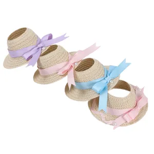 Mini woven straw hat doll accessories with colorful ribbons and pearls, set of four cute sun hats.