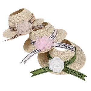 Woven doll straw hat with ribbon and flower, cute miniature sun hat accessory for fashion dolls.