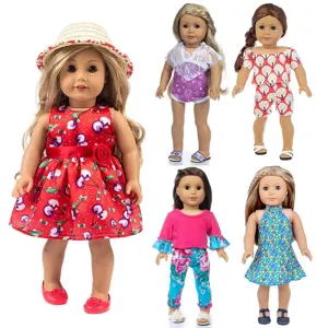 Vêtements De Poupée En Tissu Robe Florale D'Été Avec Chapeau De Paille Pour 18 Accessoires De Poupée Mignons Imprimés