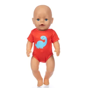Vinyl baby doll in red onesie with cute blue dinosaur print for 45cm toy clothes and play.